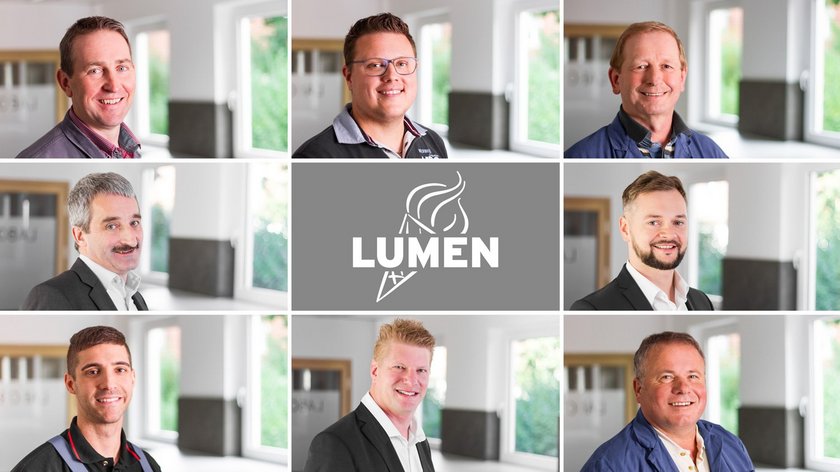 Bildcollage mit acht LUMEN-Mitarbeitern und LUMEN-Logo