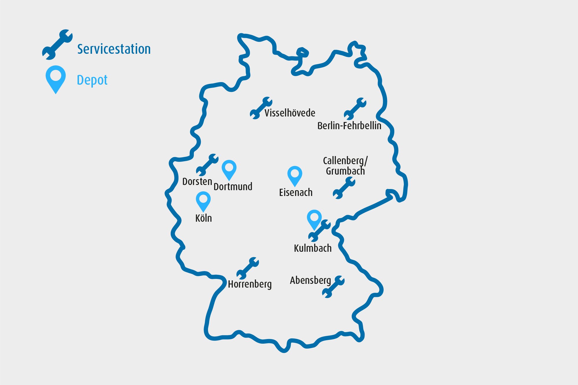 Schaubild zeigt Deutschlandkarte mit Service-Stationen und Depots der LUMEN GmbH